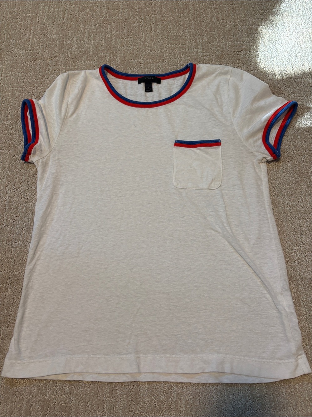 J. Crew White Tee with Red and Blue Trim Kids Medium Cotton Blend School
